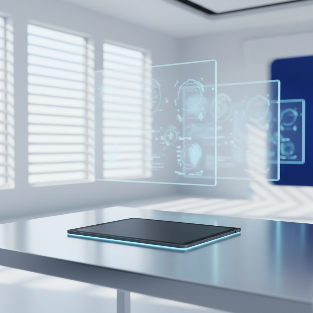 AlignMD — cool clinical morning light, abstract dashboards floating mid-air